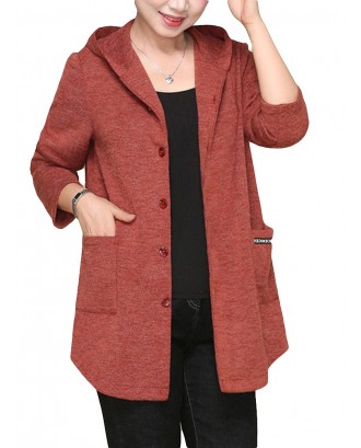 Solid Color Hooded Cotton Button Cardigan
