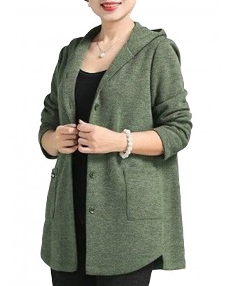 Solid Color Hooded Cotton Button Cardigan