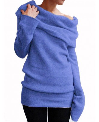 Off-shoulder Solid Color Pile Collar Long Sleeve Sweater