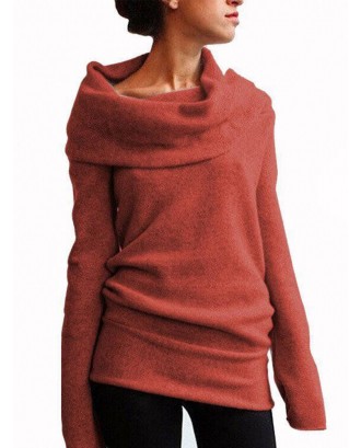 Off-shoulder Solid Color Pile Collar Long Sleeve Sweater