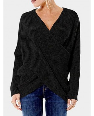 Cross Wrap Solid Color Irregular Long Sleeve Sweater