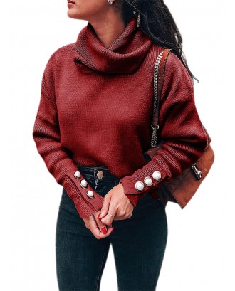 Casual Solid Color Turtleneck Button Long Sleeve Sweater Women