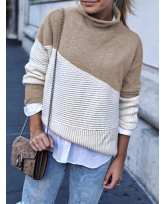 Turtleneck Contrast Color Patchwork Long Sleeve Sweater