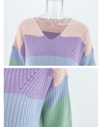 Casual Rainbow Striped V-neck Sweater