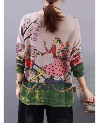 Retro Art Loose Girl Bicycle Printed Sweater