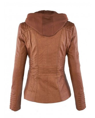 Casual Zipper Hooded Women PU Leather Jackets