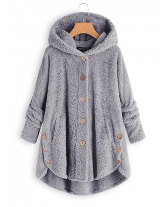 Fleece Hooded Asymmetrical Hem Button Coat
