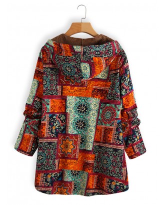 Side Button Ethnic Print Hooded Long Sleeve Vintage Coat
