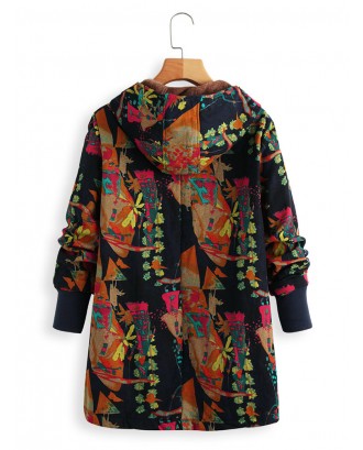 Vintage Print Button Hooded Coat