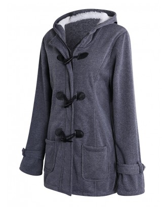 Horn Buttons Long Sleeve Hooded Thicken Coat