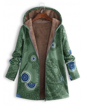 Ethnic Print Fleece Zipper Loose Hooded Coat