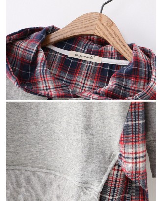 Letter Embroidered Plaid Patchwork Long Sleeve Hoodie For Women