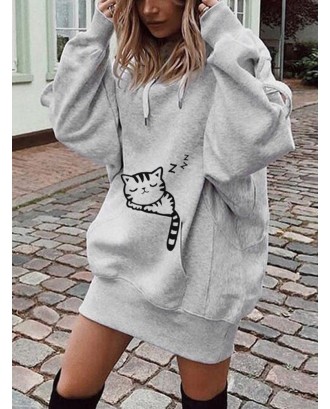 Cartoon Cat Printed Hooded Long Sweatshirt