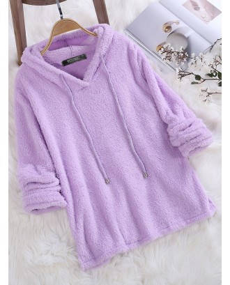 Fleece Hooded Solid Color Long Sleeve Sweatshirt