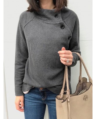 Side Button Solid Color Long Sleeve Sweatshirt For Women
