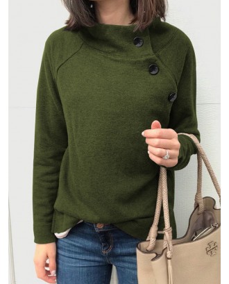 Side Button Solid Color Long Sleeve Sweatshirt For Women