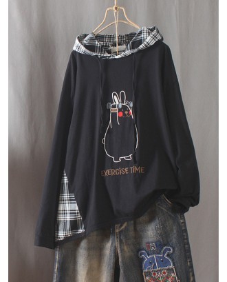 Embroidery Vintage Plaid Patch Long Sleeve Hoodies