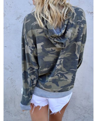 Camouflage Patchwork Long Sleeve Casual Hoodie For Women