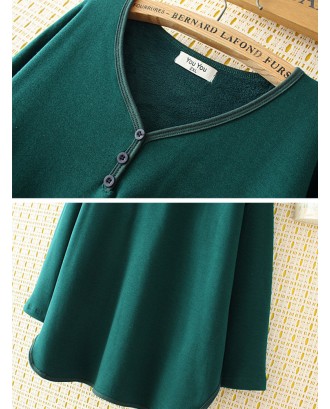 Solid Color Loose V-neck long sleeve Button Sweatshirt