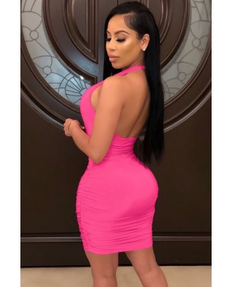 Hot-pink Ruched Caged Halter Backless Beautiful Bodycon Dress