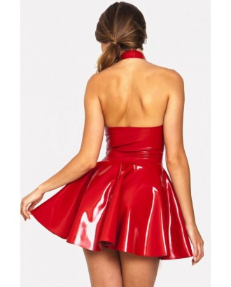 Dark-red Patent Leather Halter Plunging Sleeveless Beautiful Skater Mini Dress
