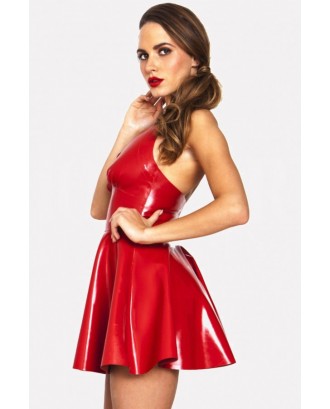 Dark-red Patent Leather Halter Plunging Sleeveless Beautiful Skater Mini Dress