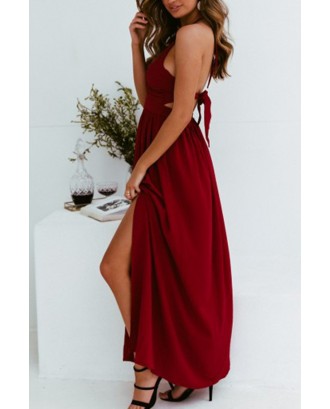 Dark-red Halter Cutout Slit Hem Beautiful Maxi Chiffon Dress