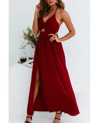 Dark-red Halter Cutout Slit Hem Beautiful Maxi Chiffon Dress