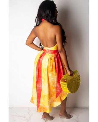 Yellow Two Tone Halter Backless Beautiful High Low Dress