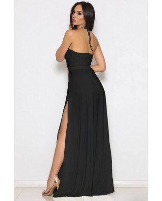 Black Lace Splicing Halter High Slit Beautiful Maxi Dress