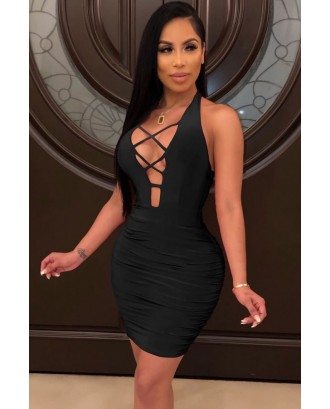 Black Ruched Caged Halter Backless Beautiful Bodycon Dress