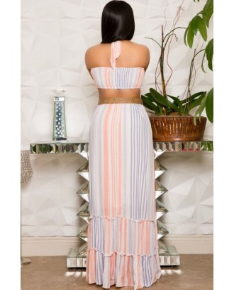 Light-pink Stripe Shirred Halter Cutout Casual Maxi Dress