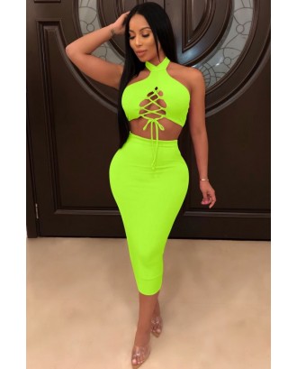 Green Neon Lace Up Halter Beautiful Bodycon Two Piece Dress