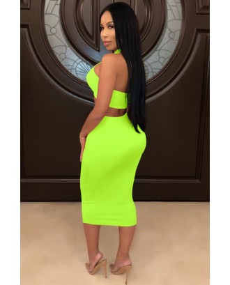 Green Neon Lace Up Halter Beautiful Bodycon Two Piece Dress