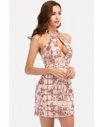 Light-pink Sequin Halter Cutout Beautiful Bodycon Dress