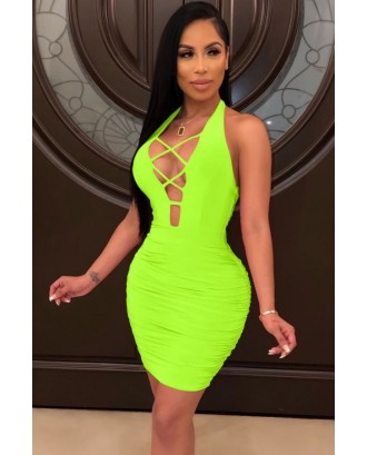 Green Neon Ruched Caged Halter Backless Beautiful Bodycon Dress