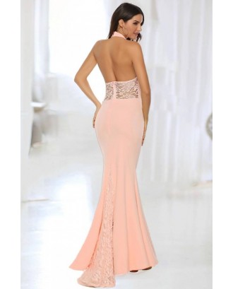 Pink Lace Splicing Halter Elegant Mermaid Formal Dress
