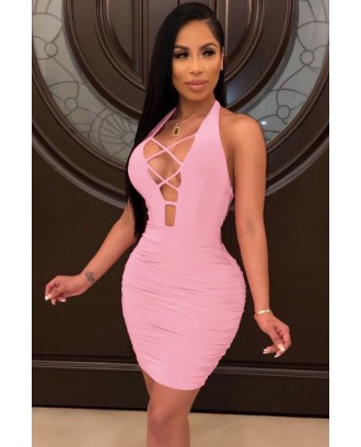 Pink Ruched Caged Halter Backless Beautiful Bodycon Dress