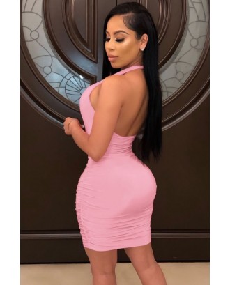 Pink Ruched Caged Halter Backless Beautiful Bodycon Dress