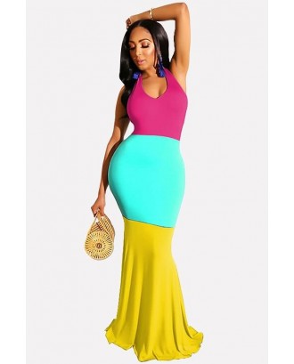 Yellow Color Block Halter Beautiful Maxi Mermaid Dress