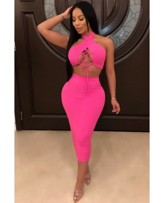 Hot-pink Lace Up Halter Beautiful Bodycon Two Piece Dress