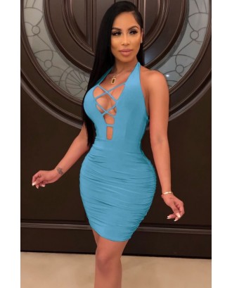 Blue Ruched Caged Halter Backless Beautiful Bodycon Dress