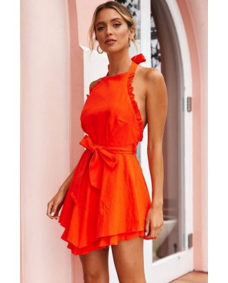 Orange Halter Ruffles Trim Tied Backless Beautiful Dress