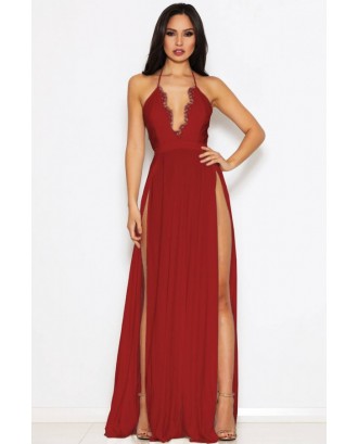 Dark-red Lace Splicing Halter High Slit Beautiful Maxi Dress