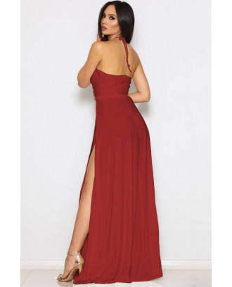 Dark-red Lace Splicing Halter High Slit Beautiful Maxi Dress