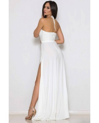 White Lace Splicing Halter High Slit Beautiful Maxi Dress