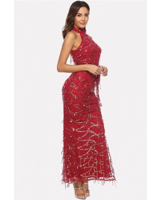 Dark-red Sequin Mesh Splicing Halter Beautiful Bodycon Dress