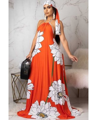 Coral Floral Print Halter Backless Casual Maxi Dress