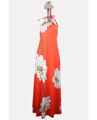 Coral Floral Print Halter Backless Casual Maxi Dress