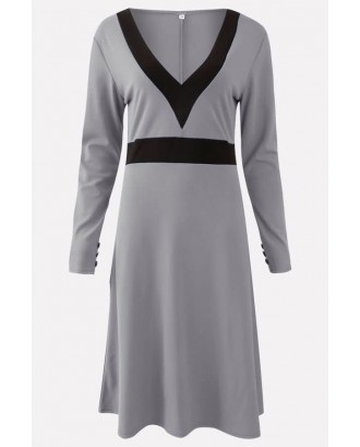 Gray Contrast V Neck Long Sleeve Casual A Line Dress